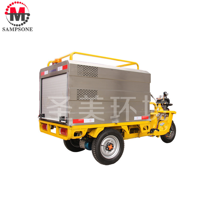 Yellow multifunctional three-wheeled sanitation truck